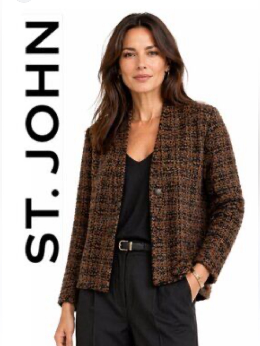 BEAUTIFUL St. John Brown Tweed Plaid Knit One Button Jacket Cardigan Size 8